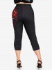 Plus Size 3D Bloody Skull Rose Flower Leaf Print Skinny Capri Leggings -  