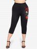 Plus Size 3D Bloody Skull Rose Flower Leaf Print Skinny Capri Leggings -  