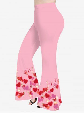 Plus Size Glitter Sparkling Sequins Ombre Heart Print Valentines Pull On Flare Pants - LIGHT PINK - M