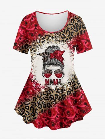 Plus Size Leopard Rose Flower Girl Bowknot Sunglasses Sparkling Sequin 3D Print T-shirt - RED - XS