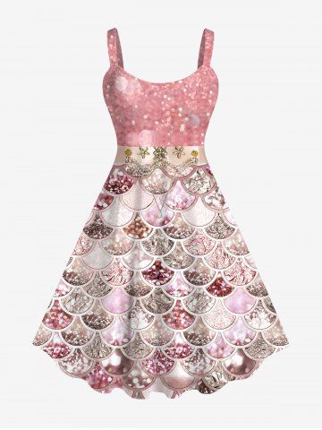Plus Size Mermaid Scales Sparkling Sequin Glitter 3D Print Tank Dress - LIGHT PINK - S