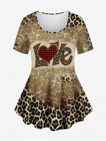 Plus Size Valentine's Day Love Leopard Plaid Heart Glitter Sparkling Sequin 3D Print T-shirt - COFFEE - XS