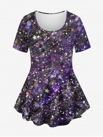 Plus Size Galaxy Ombre Sparkling Sequin Glitter Star 3D Print T-shirt - CONCORD - 2X