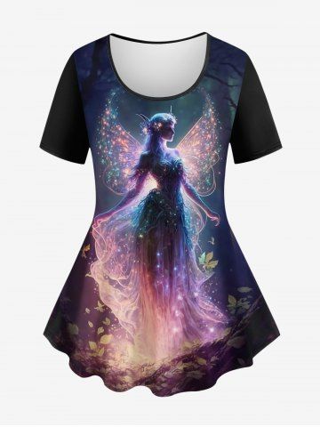 Plus Size Glitter Sparkling Elf Angel Wing Galaxy Tree Branch Leaf Print Ombre T-shirt - BLACK - 2X