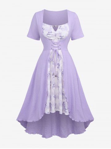 Plus Size Flowers Print Embossed Butterfly Chain Panle Ruched Lace Up Grommets Ruffles Textured High Low Dress - PURPLE - L | US 12