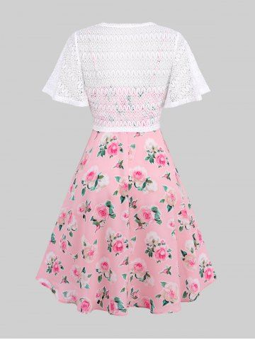 Plus Size Rose Flower Print Chain Panel Twist Cami Cottagecore Dress and Hollow Out Lace Cinched Crop Top