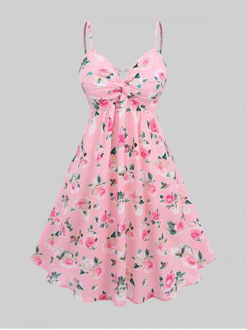 Plus Size Rose Flower Print Chain Panel Twist Cami Cottagecore Dress and Hollow Out Lace Cinched Crop Top