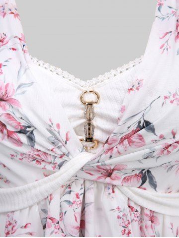 Plus Size Flowers Leaf Print Chain Panel Twist Lace Trim Tulip Hem 2 In 1 Top