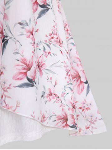 Plus Size Flowers Leaf Print Chain Panel Twist Lace Trim Tulip Hem 2 In 1 Top