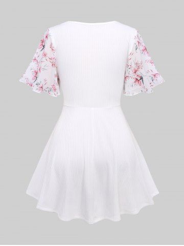 Plus Size Flowers Leaf Print Chain Panel Twist Lace Trim Tulip Hem 2 In 1 Top