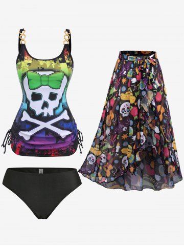 Skull Bowknot Colorblock Painting Splatter Print Cinched Top and Bottom Tankini Set and Floral Mesh Wrap Flounce Asymmetric Sarong Three Piece Swimsuit - MULTI-A - 1X | US 14-16