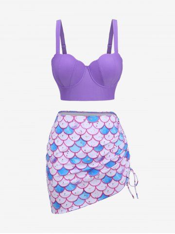 Plus Size Shell Mermaid Scales Colorblock Print Cinched Skirt Tankini Set - PURPLE - L | US 12