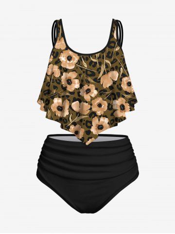 Watercolor Floral Leaf Lip Print Flounce Trim Backless Tankini Top and Solid Ruched Full Coverage Swim Bottom Outfit