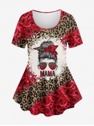 Plus Size Leopard Rose Flower Girl Bowknot Sunglasses Sparkling Sequin 3D Print T-shirt -  