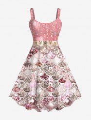 Robe Débardeur Brillante 3D Ecaille de Sirène Imprimée de Grande Taille à Paillettes - Rose clair 6X