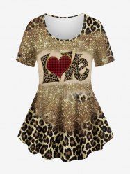 Plus Size Valentine's Day Love Leopard Plaid Heart Glitter Sparkling Sequin 3D Print T-shirt -  