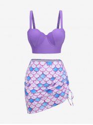 Plus Size Shell Mermaid Scales Colorblock Print Cinched Skirt Tankini Set -  