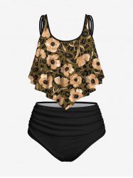 Watercolor Floral Leaf Lip Print Flounce Trim Backless Tankini Top and Solid Ruched Full Coverage Swim Bottom Outfit -  
