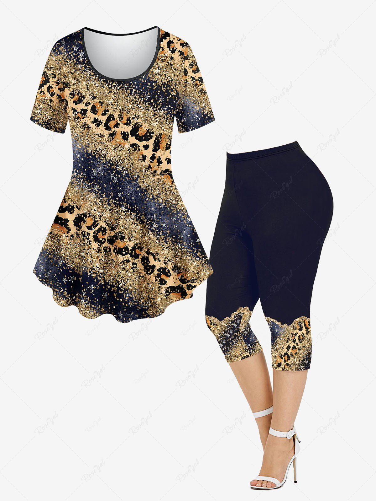 Online Leopard Sparkling Sequin Glitter Colorblock 3D Printed T-shirt and Leggings Plus Size Matching Set  