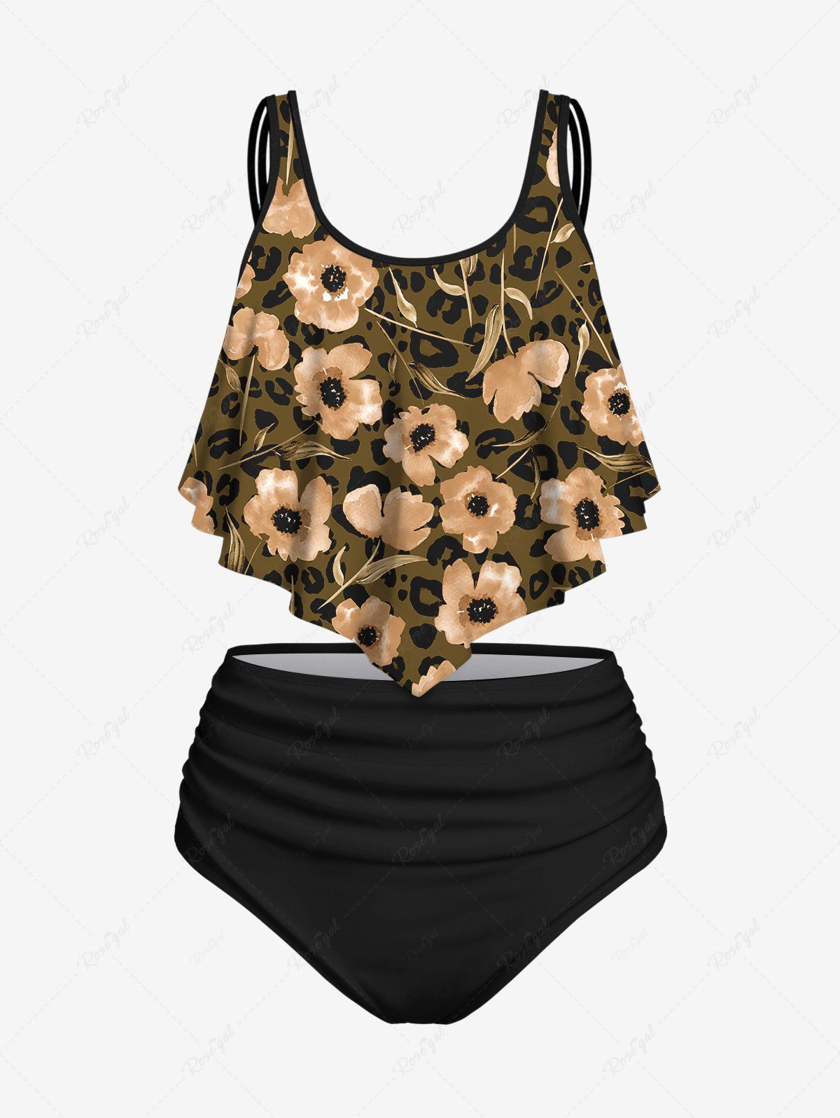 Cheap Watercolor Floral Leaf Lip Print Flounce Trim Backless Tankini Top and Solid Ruched Full Coverage Swim Bottom Outfit  