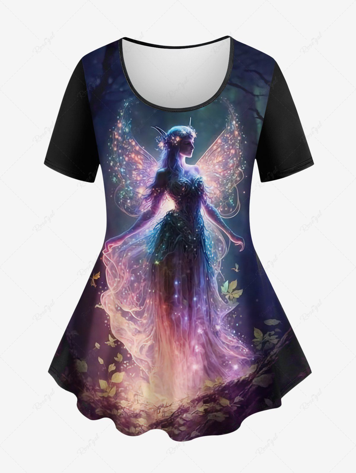 Fashion Plus Size Glitter Sparkling Elf Angel Wing Galaxy Tree Branch Leaf Print Ombre T-shirt  