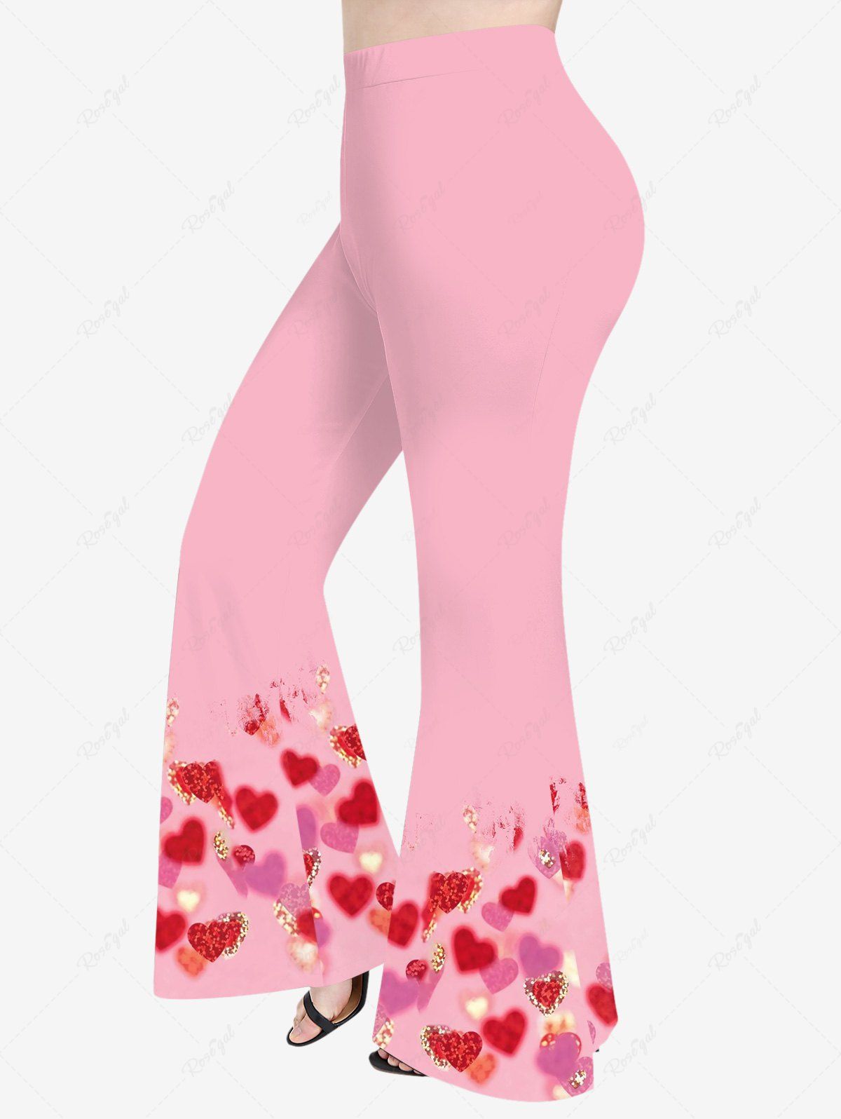 New Plus Size Glitter Sparkling Sequins Ombre Heart Print Valentines Pull On Flare Pants  