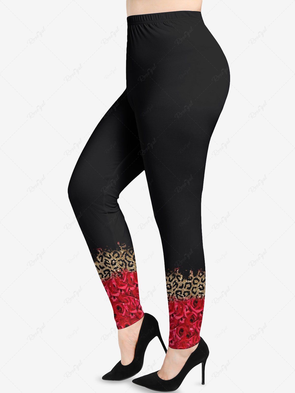 Sale Plus Size Leopard Rose Flower Glitter 3D Print Leggings  