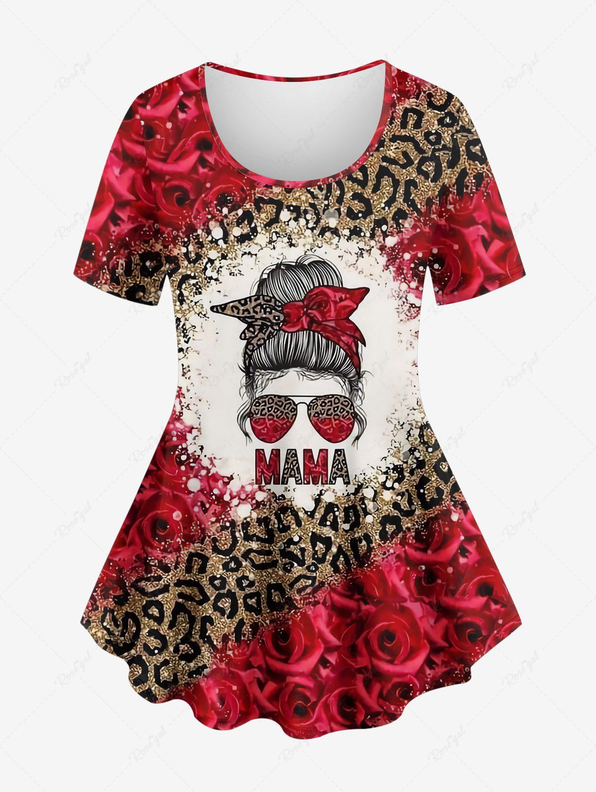 Trendy Plus Size Leopard Rose Flower Girl Bowknot Sunglasses Sparkling Sequin 3D Print T-shirt  