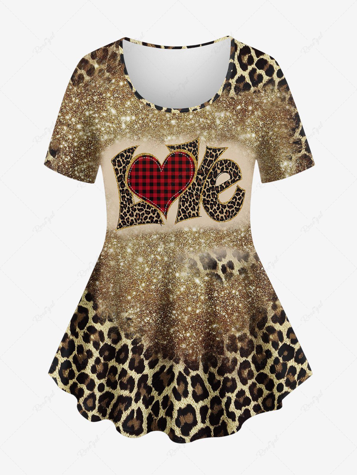 Online Plus Size Valentine's Day Love Leopard Plaid Heart Glitter Sparkling Sequin 3D Print T-shirt  