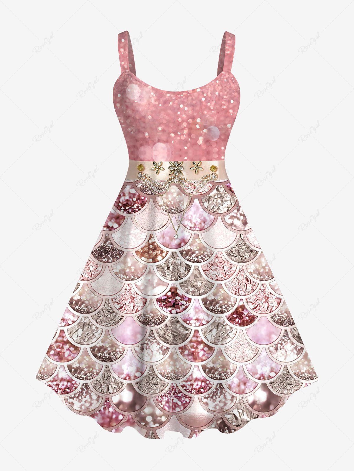 Robe Débardeur Brillante 3D Ecaille de Sirène Imprimée de Grande Taille à Paillettes Rose clair 6X