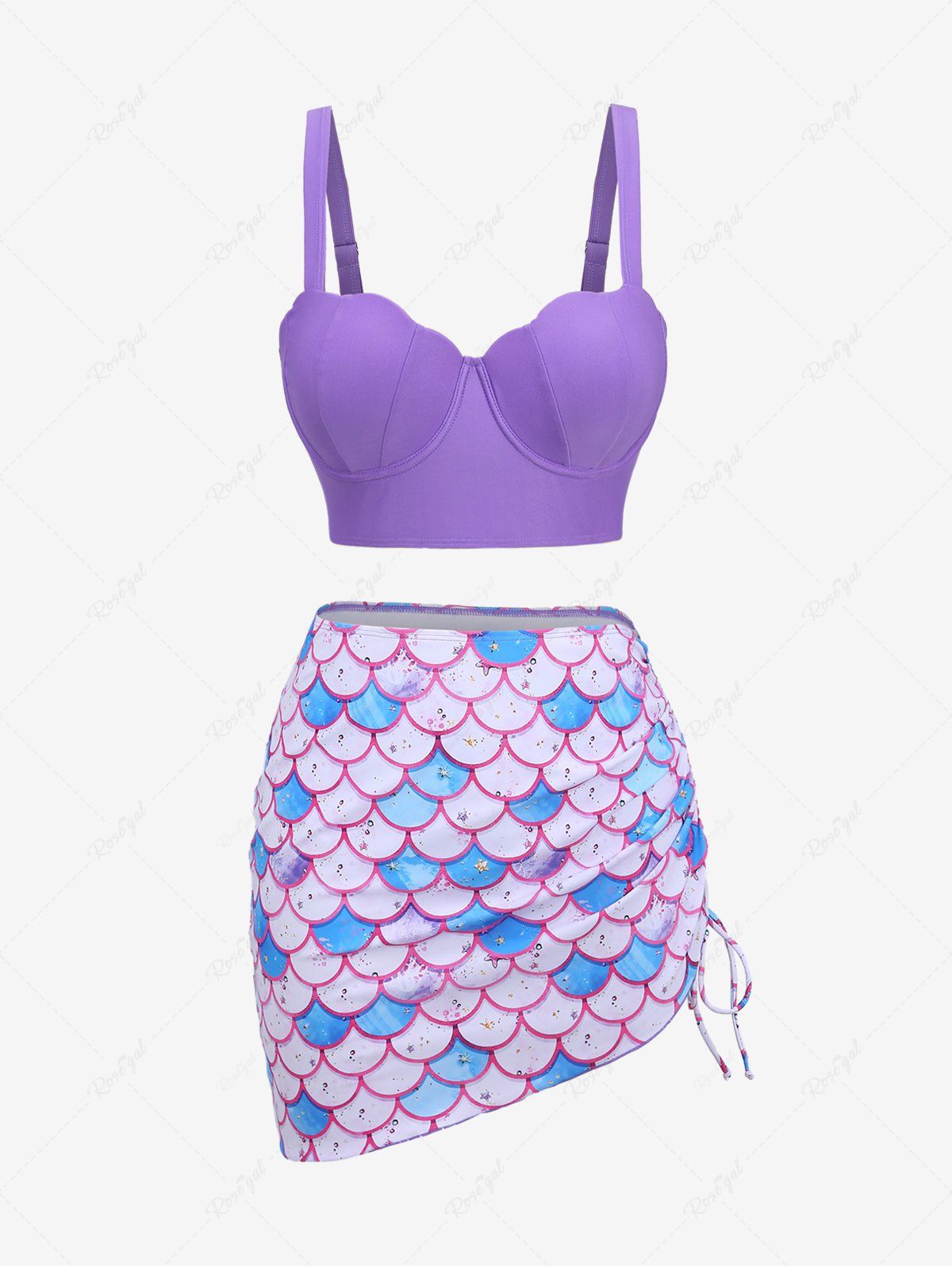Latest Plus Size Shell Mermaid Scales Colorblock Print Cinched Skirt Tankini Set  