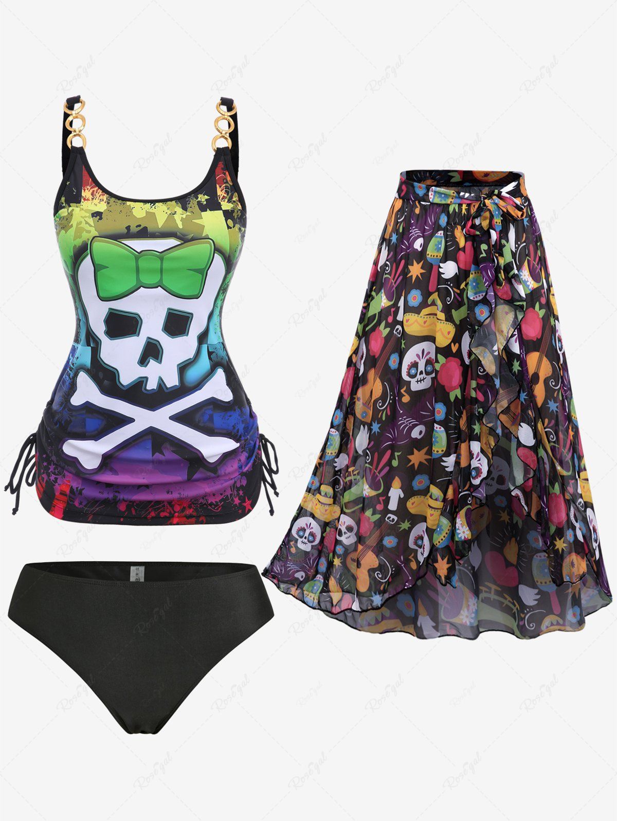 Affordable Skull Bowknot Colorblock Painting Splatter Print Cinched Top and Bottom Tankini Set and Floral Mesh Wrap Flounce Asymmetric Sarong Three Piece Swimsuit  