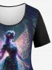 Plus Size Glitter Sparkling Elf Angel Wing Galaxy Tree Branch Leaf Print Ombre T-shirt -  
