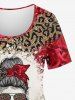 Plus Size Leopard Rose Flower Girl Bowknot Sunglasses Sparkling Sequin 3D Print T-shirt -  