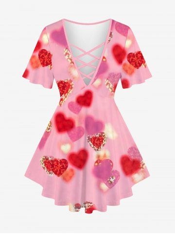 Plus Size Glitter Sparkling Sequins Ombre Heart Print Valentines Lattice T-shirt - LIGHT PINK - XS