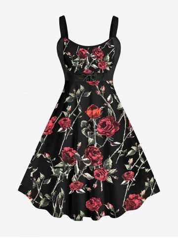 Plus Size Valentine's Day Rose Flower Leaf Grommets Lace Up 3D Print Tank Dress - BLACK - XS