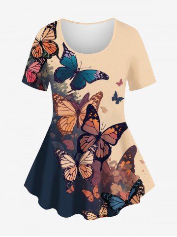 Plus Size Colorblock Butterfly Plant Print T-shirt - LIGHT COFFEE - XS