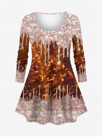 Plus Size Paint Drop Fireworks Glitter Sparkling Sequin 3D Print Long Sleeve T-shirt - COFFEE - XS