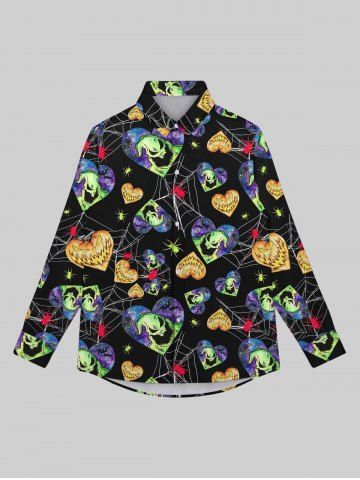 Gothic Spider Web Monster Heart Bat Galaxy Print Valentines Buttons Shirt For Men - BLACK - 8XL