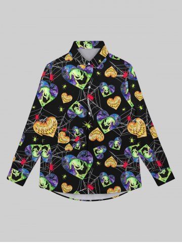 Gothic Spider Web Monster Heart Bat Galaxy Print Valentines Buttons Shirt For Men - BLACK - 5XL