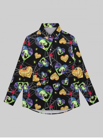 Gothic Spider Web Monster Heart Bat Galaxy Print Valentines Buttons Shirt For Men - BLACK - 4XL