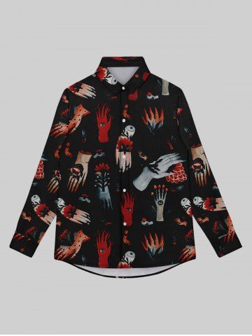 Gothic Turn-down Collar Skeleton Bloody Hand Floral Eye Print Buttons Shirt For Men - BLACK - M