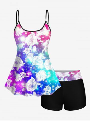 Glitter Sparkling Ombre Galaxy Floral Print Boyleg Tankini Swimsuit (Adjustable Shoulder Strap) - MULTI-A - XS