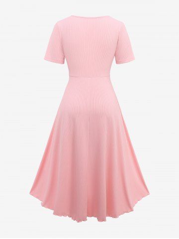Plus Size Flowers Print Lace Trim Ruched Tulip Hem Ruffles Shell Buckle Ribbed Textured Dress