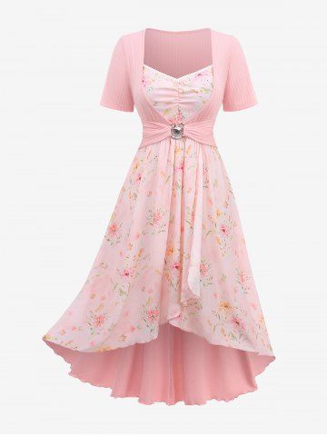 Plus Size Flowers Print Lace Trim Ruched Tulip Hem Ruffles Shell Buckle Ribbed Textured Dress - LIGHT PINK - L | US 12