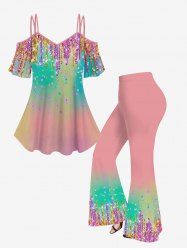 Ombre Colorblock Paint Drop Blobs Sparkling Sequin Glitter 3D Printed Cold Shoulder T-shirt and Flare Pants Plus Size Matching Set -  