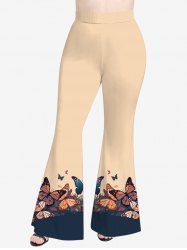 Plus Size Colorblock Butterfly Plant Print Flare Pants -  