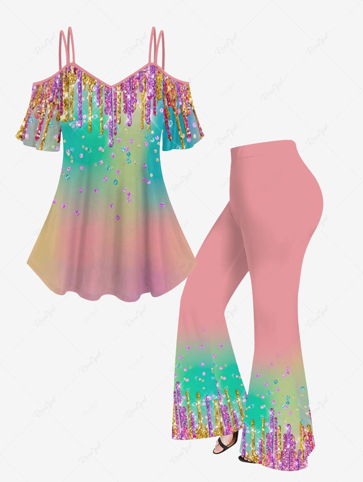 Latest Ombre Colorblock Paint Drop Blobs Sparkling Sequin Glitter 3D Printed Cold Shoulder T-shirt and Flare Pants Plus Size Matching Set  