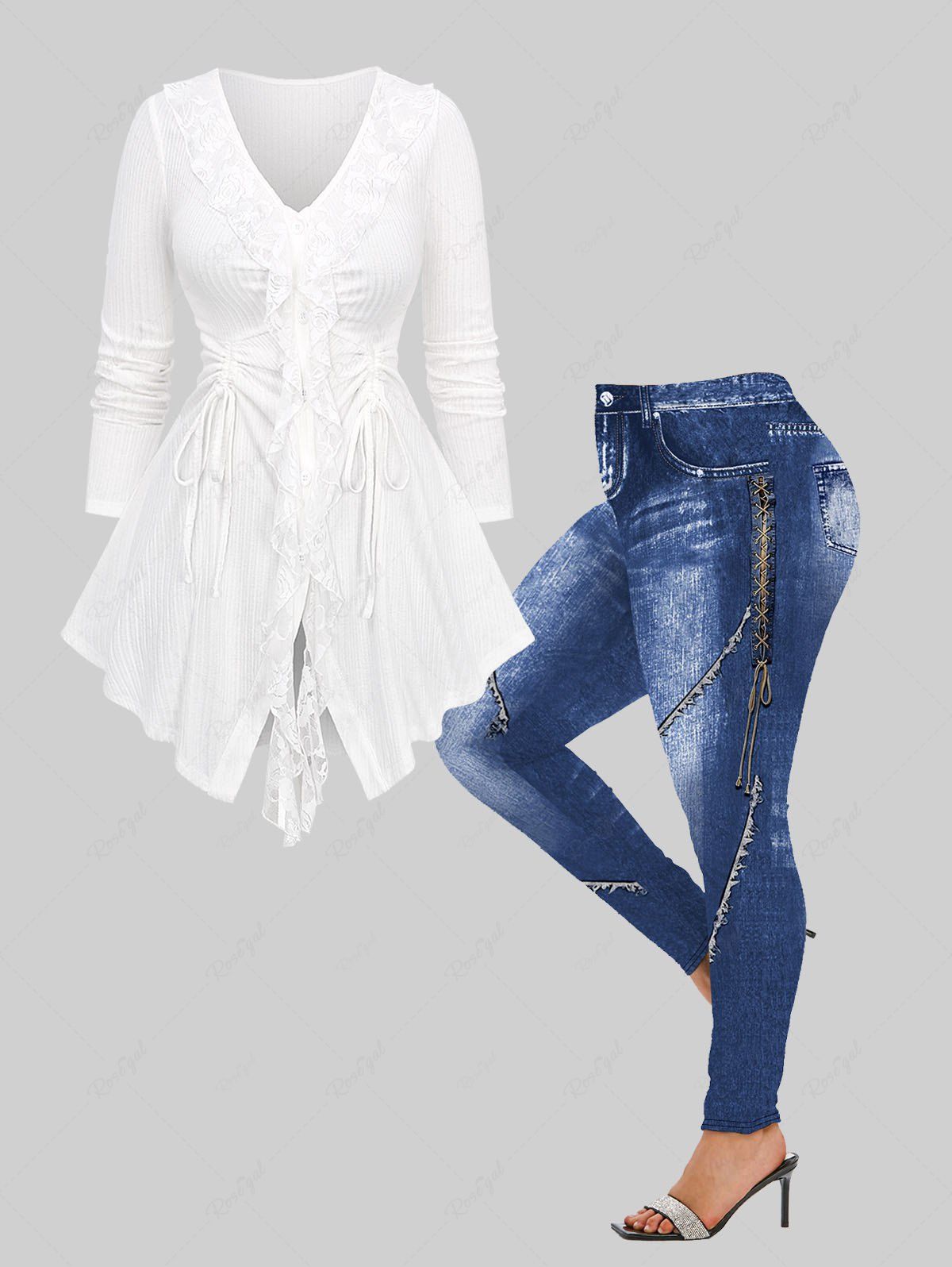 Affordable Floral Lace Trim Ruffles Cinched Button Up Textured Ribbed Sweater and 3D Denim Lace Up Pockets Topstitching Buttons Printed Skinny Leggings Plus Size Outfit  