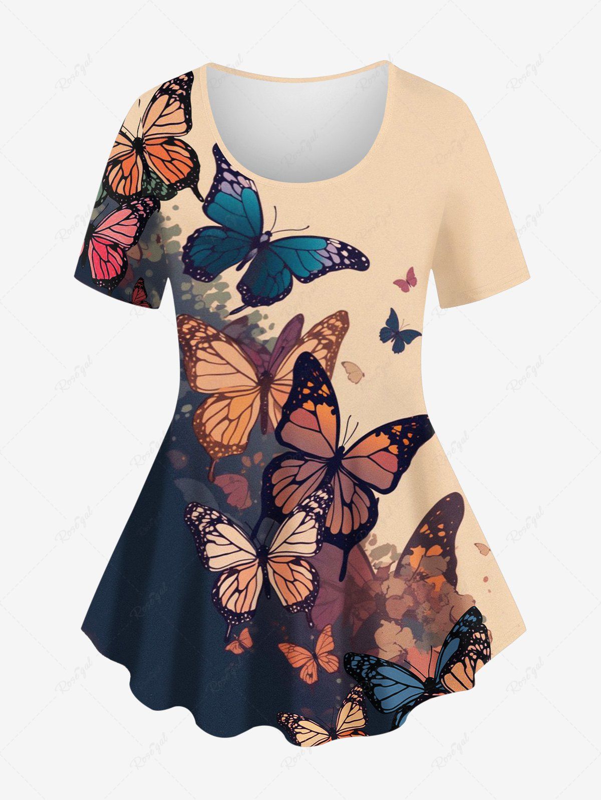 T-Shirt à Imprimé Plantes Papillons avec Blocs de Couleurs Grande-Taille café lumière 6X